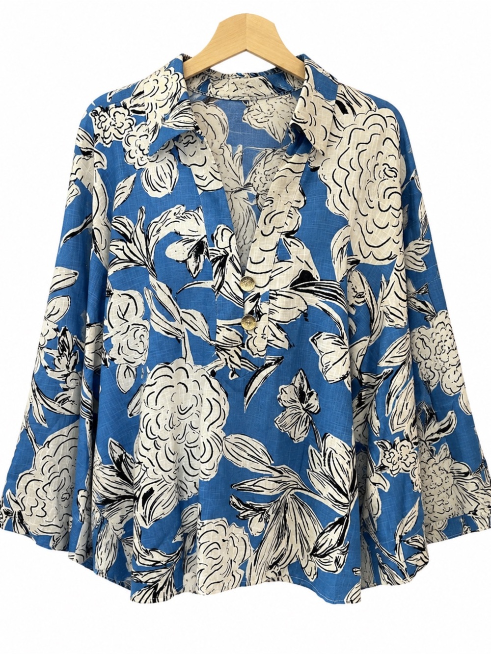ZARA Blue White Floral Linen Blend Blouse Top NWT XL Oversized Kimono Sleeve